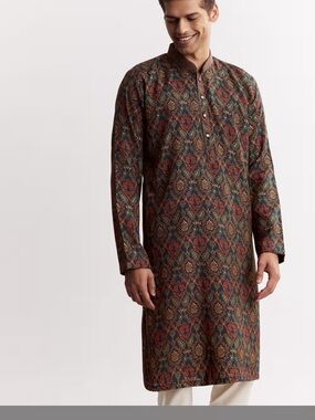 Chanderi Printed Kurta Set With Mandarin Collar